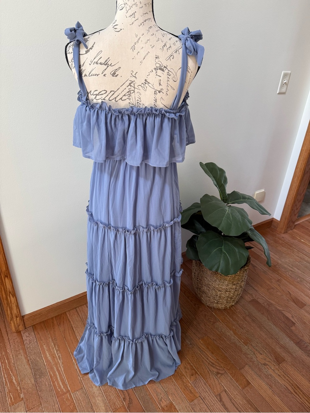 Onetheland Blue Ruffle Maxi Dress, Size S, Tie Strap Cottagecore Style - Picture 2 of 2